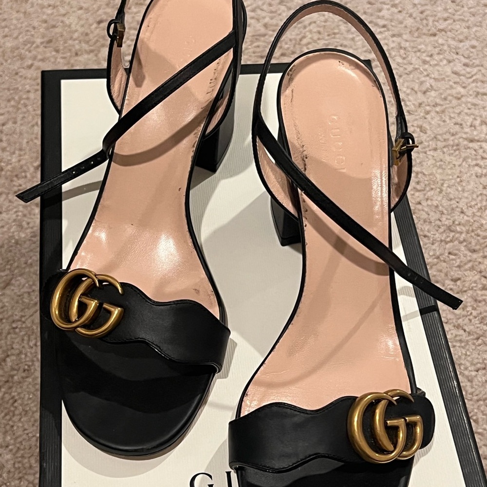 Gucci Black and Gold Stiletto Heels with GG Logo